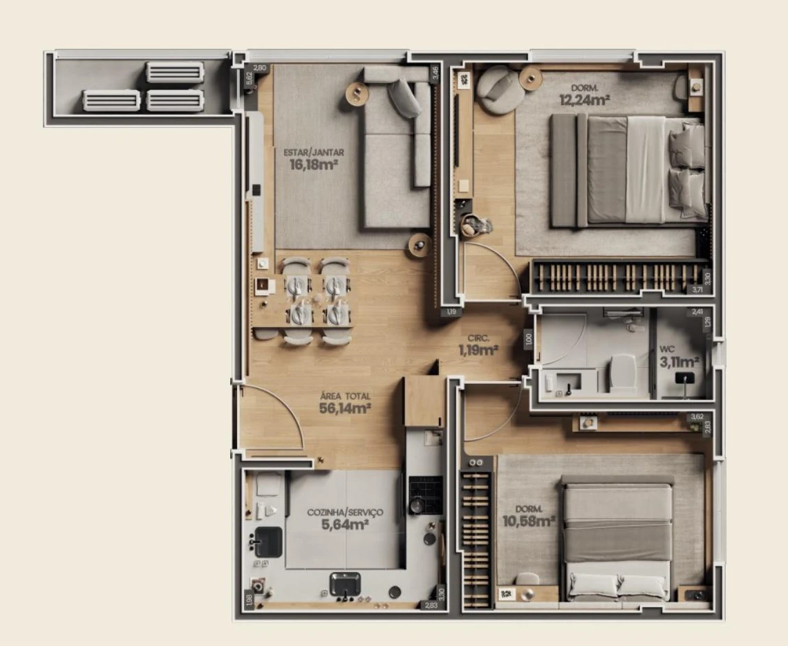 Planta ilustrativa do apartamento Tipo 01