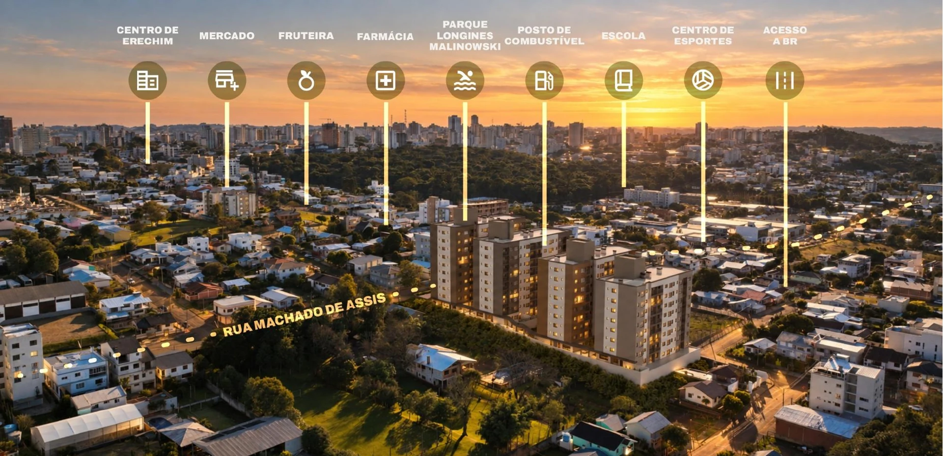 Vista aérea da localização do Le Quattro Torri com referências urbanas